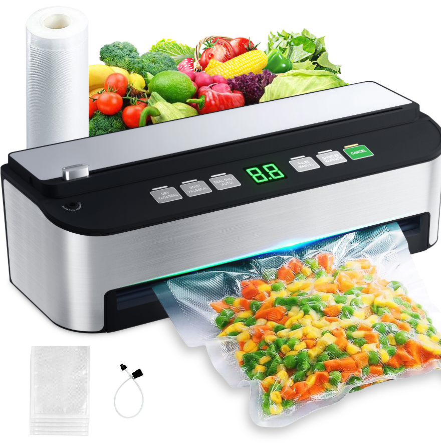 Vacuum Sealer Food Saver, Aeitto® 85KPA Fully Automatic 8-IN-1 Food Sealer with Bags Storage, Build-in Cutter, Moist Mode and Air Suction Hose | Digital Countdown | Sous Vide | Easy to Clean