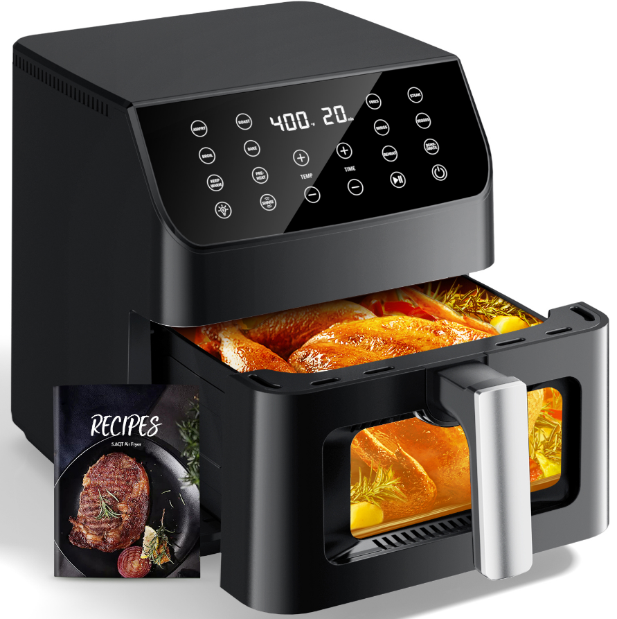 Aeitto 5.8QT Large Air Fryer, 12-in-1 Digital Airfryer with Clear Window, 40+ Recipes, Flavor-Lock Tech, Shake Reminder, Compact, Quiet, Dishwasher Safe, Nonstick, Fit for Family of 2-5, Black