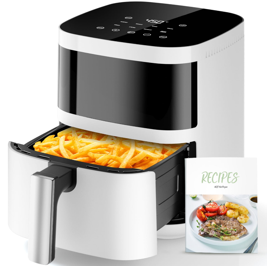 Air Fryer, Aeitto 8-in-1 Smart Compact 4QT Air Fryers, with Viewing Window,Shake Reminder, 450°F Digital Airfryer with Flavor-Lock Tech, Dishwasher-Safe & Nonstick,Fit for 1-3 People, White